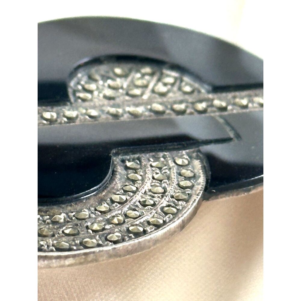 Art Deco Style Sterling Silver Marcasite & Onyx Brooch - Picture 7 of 8